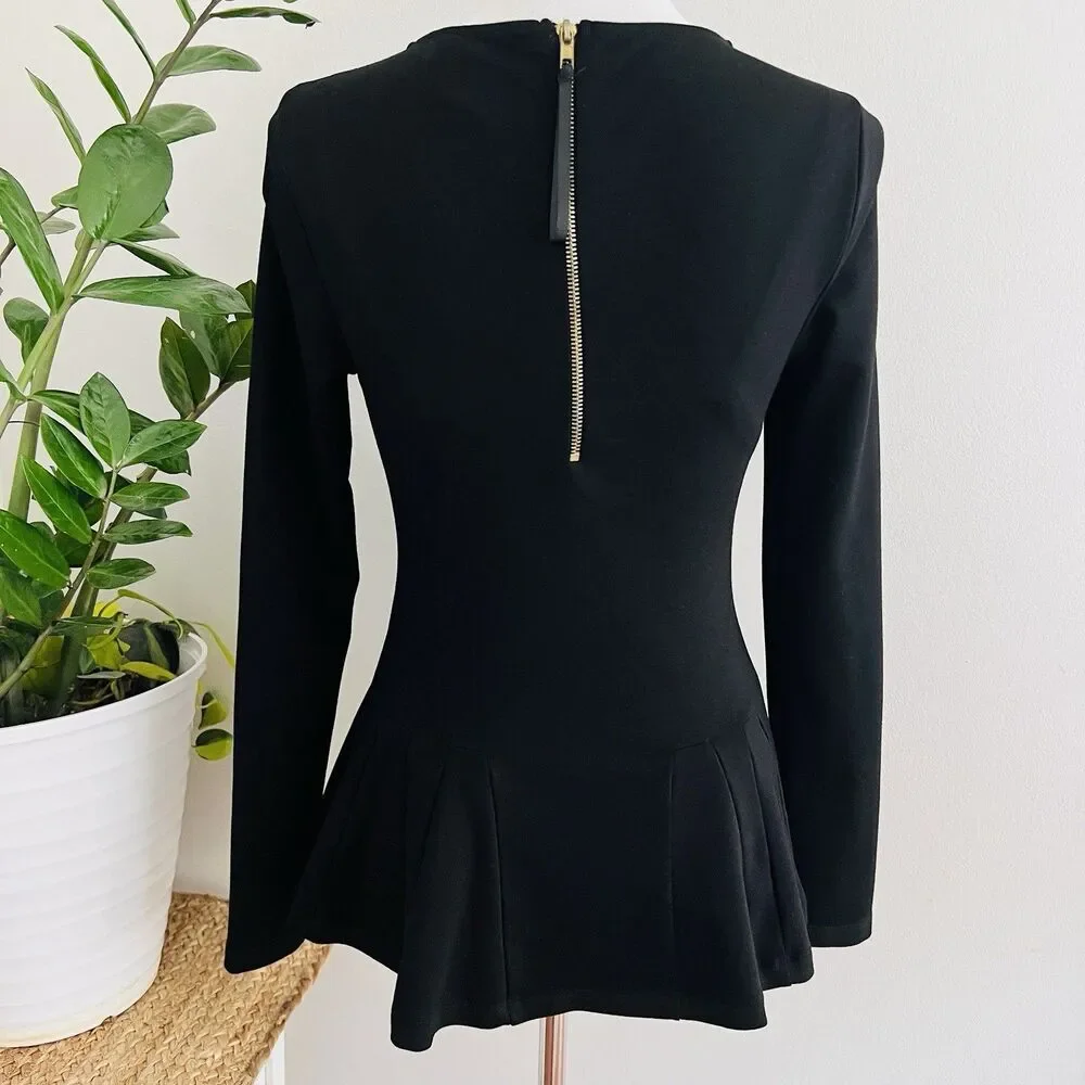 Carmen Marc Valvo Black Peplum Top Ponte Knit Long Sleeve Blouse ~ Size Small - Picture 4 of 6